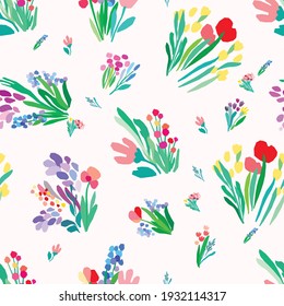 Seamless pattern with flowers, plant vector background. Abstract floral illustration. Spring fabriq design. Simple style colorful art. Wrapping paper in gentle colors