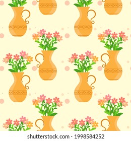 Seamless pattern with flowers and planting pots on a yellow background