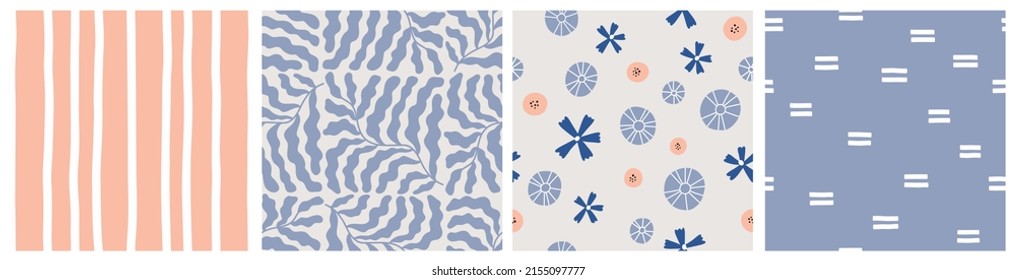 Seamless pattern with flowers, plants and abstract elements. Vector backgrounds with hand drawn shapes, Matisse inspired branches, dots. Creative texture for fabric, textile
