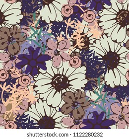 Seamless pattern with flowers, plants. Floral background. Summer print. Fabric design
