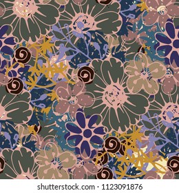 Seamless pattern with flowers, plants. Floral background. Summer print. Fabric design