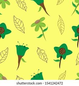 Seamless Pattern Flowers and Plants Green