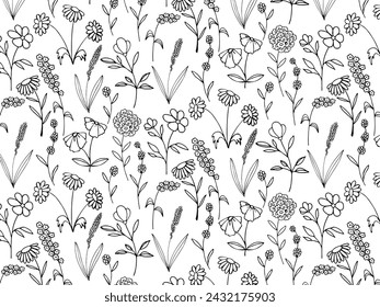 Seamless pattern of flowers, plants. Hand drawing doodles of vector vintage botanical elements.  Line art. Botanic outline pencil sketch draw. Elegant, aesthetic, stylish elements for Decoration. 