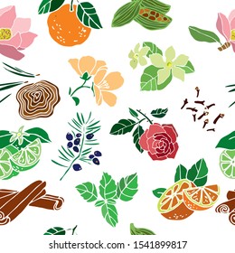 Seamless pattern with flowers, plants, leaves drawn by hand on a white background. Color aromatherapy symbols for postcard, banner, poster, invitation, wrapping paper. Cute cartoon Vector illustration