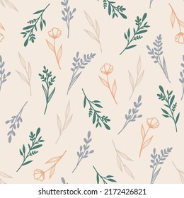 Seamless pattern with flowers, plants and leaves on a light background. Floral pattern. Hand draw texture. Vector template. Botanical design for fabric, paper, cover, interior decor and other users.