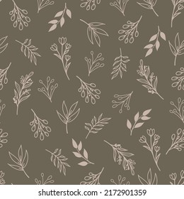 Seamless pattern with flowers, plants and leaves on a brown background. Floral pattern. Hand draw texture. Vector template. Botanical design for fabric, paper, cover, interior decor and other users.