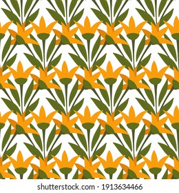 Seamless pattern with flowers, plants. Lilies are orange, yellow, and green leaves. Hand drawn vector illustration. Repeating natural botanical ornament. It can be used for textiles, wallpaper.