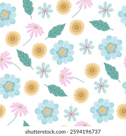 Seamless pattern with flowers and plants on white background. . Vector illustration
