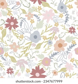 Seamless pattern with flowers and plants, Seamless small flowers pattern for design wrapping, textile, wallpaper, paper. Cute nature background.