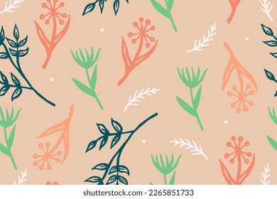 Seamless pattern with flowers and plants. Spring colorful flowers pattern. Vector illustration.