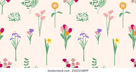 Seamless pattern with flowers and plants. spring summer background template.Botanical collection with flowers, leaves, floral bouquets, flower compositions.Vector illustration EPS10