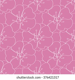 Seamless pattern with flowers plum. Spring mood in pink. Spring Festival. Vector illustration.