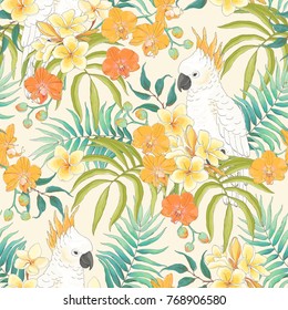 Seamless pattern with flowers Plumeria, Orchid, leaves and white parrot Cockatoo. Vector illustration in vintage style on beige background.