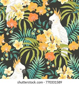 Seamless pattern with flowers Plumeria, Orchid, leaves and white parrot Cockatoo. Vector illustration in vintage style on dark background.