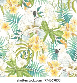 Seamless pattern with flowers Plumeria, Orchid, Fleur de lis, leaves and Parrot Cockatoo. Vector illustration in vintage style on white background.