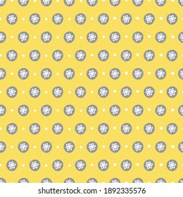Seamless pattern with flowers and polka dot. Trendy colors of 2021 year - Illuminating Yellow and Ultimate Grey. Perfect for spring and summer holidays, wallpaper, gift paper, fabric