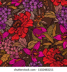 Seamless pattern with flowers poppy and hydrangea