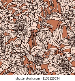Seamless pattern with flowers poppy and hydrangea