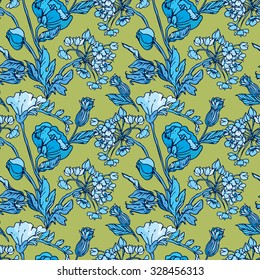 Seamless pattern with flowers - poppy and sweet pea in blue colors - hand drawn background.