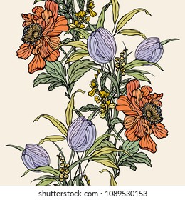 Seamless pattern with flowers poppy and tulips