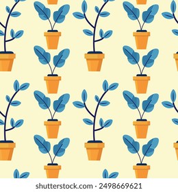 Seamless pattern flowers in a pot, cartoon. Vector illustration