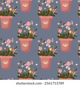  Seamless pattern, flowers in a pot, summer, spring, vector, Valentine's Day, birthday, For fabric design, packaging