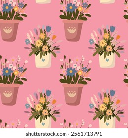  Seamless pattern, flowers in a pot, summer, spring, vector, Valentine's Day, birthday, For fabric design, packaging