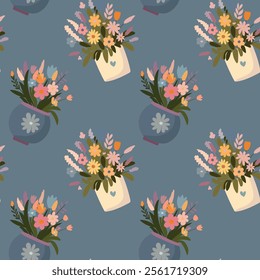  Seamless pattern, flowers in a pot, summer, spring, vector, Valentine's Day, birthday, For fabric design, packaging