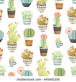 Seamless pattern of flowers pots with cacti and succulents. Vector illustration