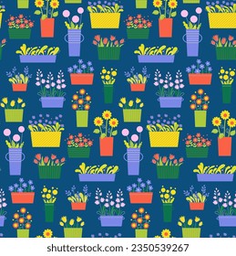 Seamless pattern flowers in pots. Cute flowers in vases and pots
