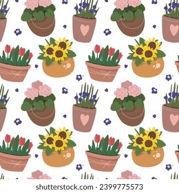 Seamless pattern with flowers in pots, garden time, botanical pattern, background. Vector illustration.