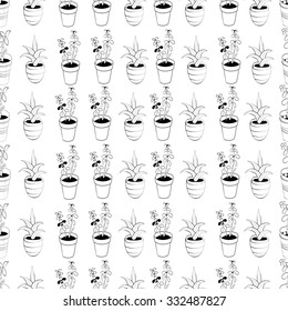 Seamless pattern flowers in pots. Hand draw vector.