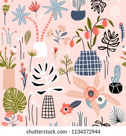 Seamless pattern with flowers in pots, palm branch, leaves and textures on soft pink. Creative jungle texture. Great for fabric, textile Vector Illustration