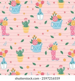Seamless pattern with flowers in pots, palm branch, leaves and birds. Creative floral texture. Great for fabric, textile Vector Illustration