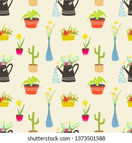 Seamless pattern with flowers in pots, sprinkle, watering can. Spring, summer set. Vector.