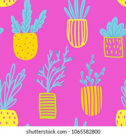 Seamless pattern with flowers in pots. Vector Hand drawn background for design and card, covers, package, wrapping paper.