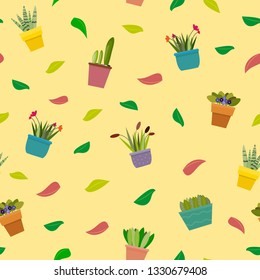 Seamless pattern of flowers pots. Vector illustration in flat, cartoon style.  EPS10