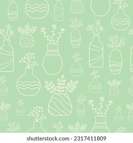 Seamless pattern with flowers in pots. Vector Hand drawn background for design and card, covers, package, wrapping paper.