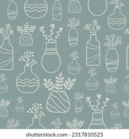 Seamless pattern with flowers in pots. Vector Hand drawn background for design and card, covers, package, wrapping paper.