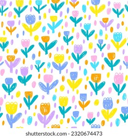 Seamless pattern with flowers. For printing wrapping paper, wallpaper, packaging, fabric. Hand Drawn vector illustration.