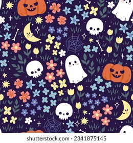 Seamless pattern with flowers, pumpkins, skulls and ghosts. Vector graphics.