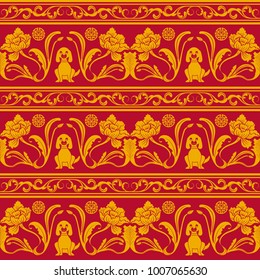 Padrão contínuo com flores e estilo chinês cachorrinho. Fundo rico no ano do cão de acordo com o calendário lunar oriental. Ilustração vetorial