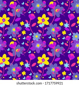 Seamless pattern with flowers, purple background, printable illustration.