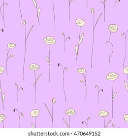 Seamless pattern with flowers. Purple background with stylized doodle roses. Elegant template for fashion prints. Vector illustration. Cute vintage floral backdrop for summer or spring design.