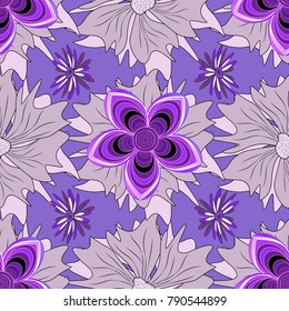 Seamless pattern of flowers in a purple, black and violet colors. Imitation embroidery. Vector textile print template fashion paisley field wallpaper art.