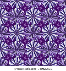 Seamless pattern of flowers in a purple, blue and violet colors. Imitation embroidery. Vector textile print template fashion paisley field wallpaper art.
