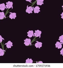 Seamless pattern with flowers, purple buds and leaves of iris flowers on a dark maroon background.