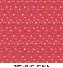 Seamless pattern with flowers in purple and yellow colors on red background