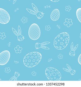 Seamless pattern with flowers, rabbit, and easter eggs on color background. Easter holiday background for logo, banner, post. Happy Easter day background
