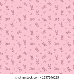 Seamless pattern with flowers, rabbit, and easter eggs on color background. Easter holiday background for logo, banner, post. Happy Easter day background
